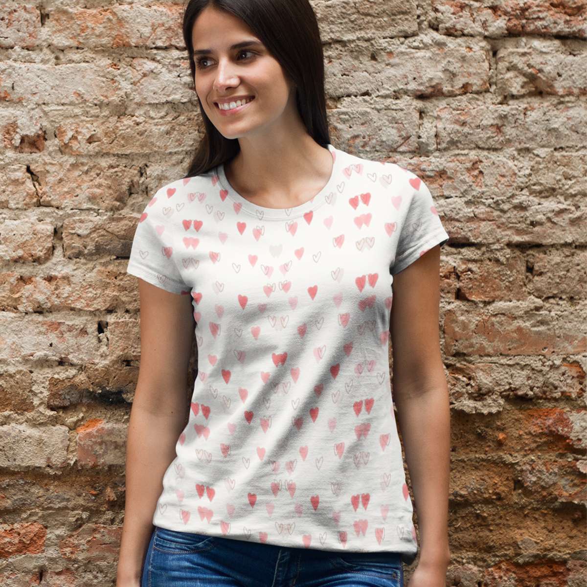 Heart Pattern- White Printed T-shirt