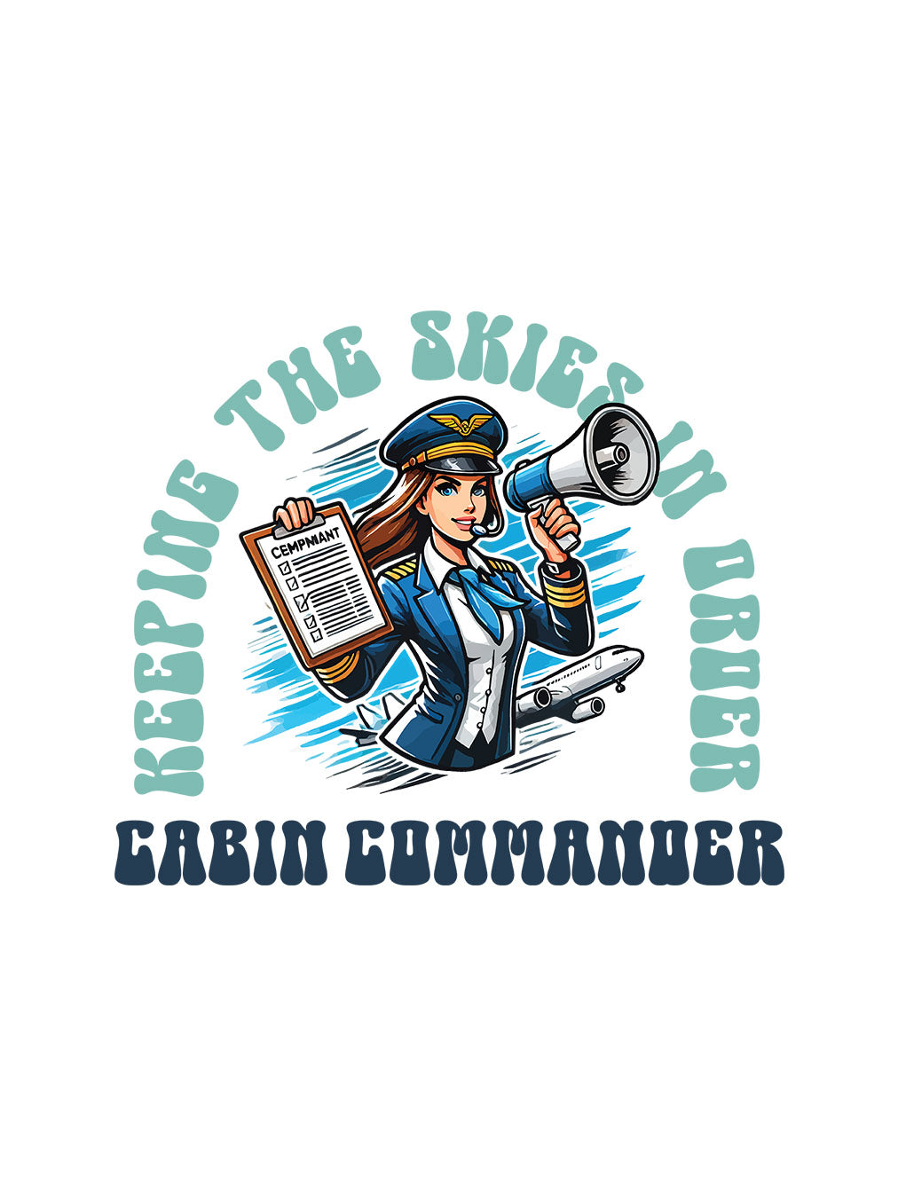 Cabin Commander- White Round Neck Flight Crew T-shirt