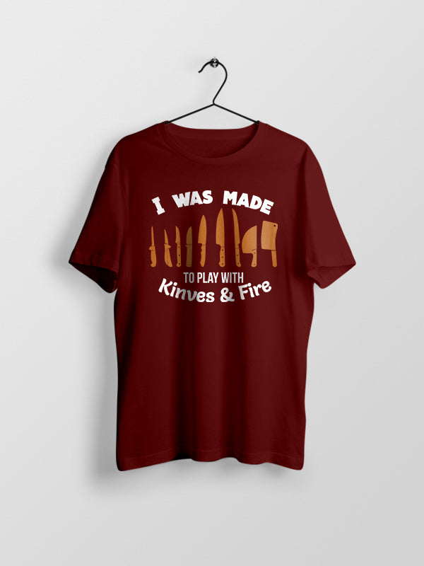 Play with Knives & Fire- Maroon Crew Neck Chef T-shirt
