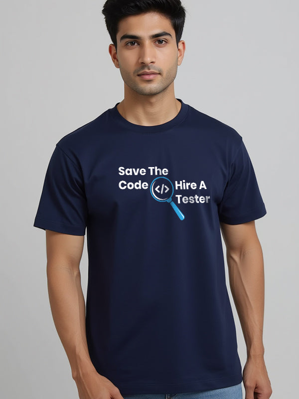 Hire A Tester- Navy Blue Round Neck Coding T-shirt