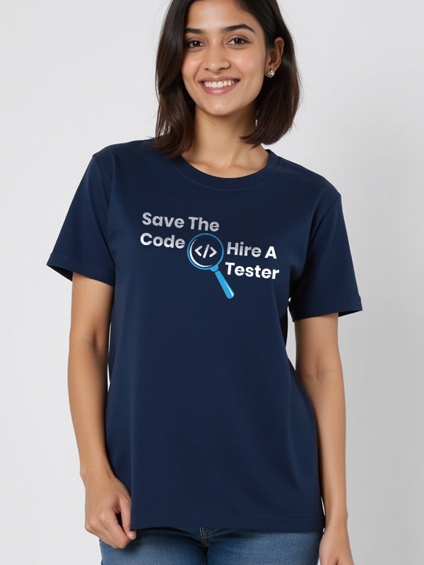 Hire A Tester- Navy Blue Round Neck Coding T-shirt