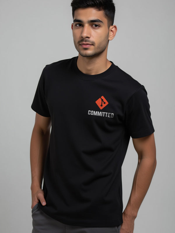 Committed- Black Round Neck Coding T-shirt
