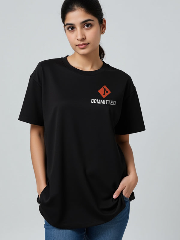Committed- Black Round Neck Coding T-shirt