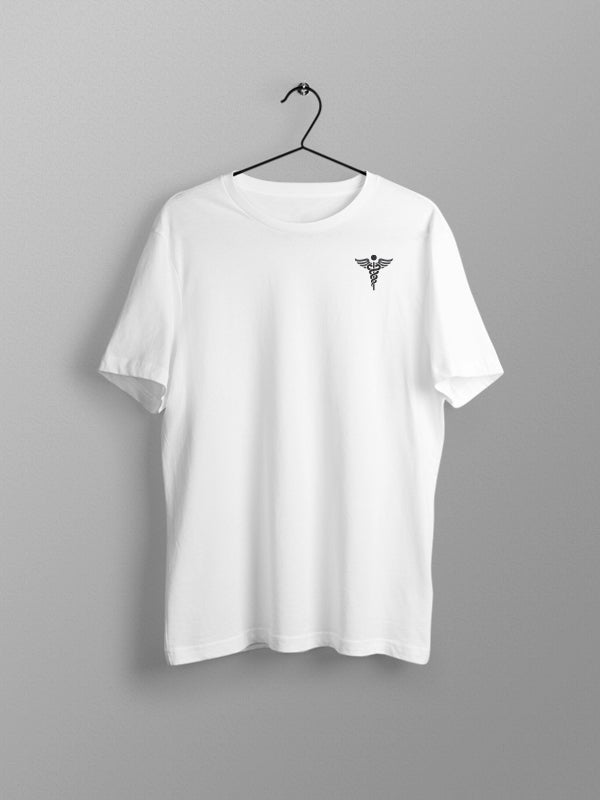 Caduceus Medicine Logo- White Round Neck Medical T-shirt