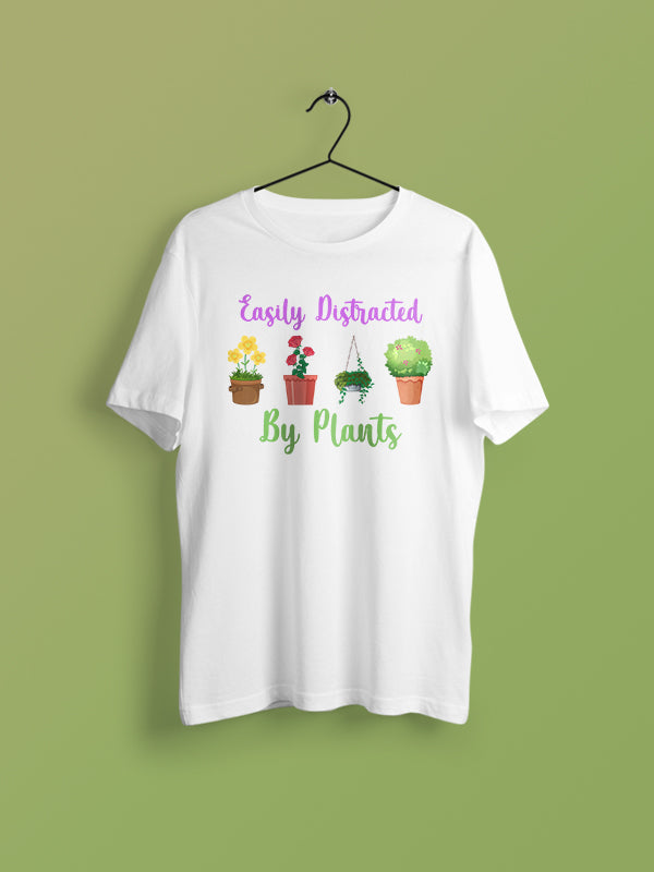 Easily Distracted By Plants- White Round Neck Gardening T-shirt