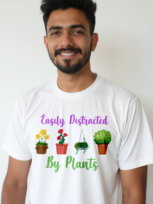 Easily Distracted By Plants- White Round Neck Gardening T-shirt