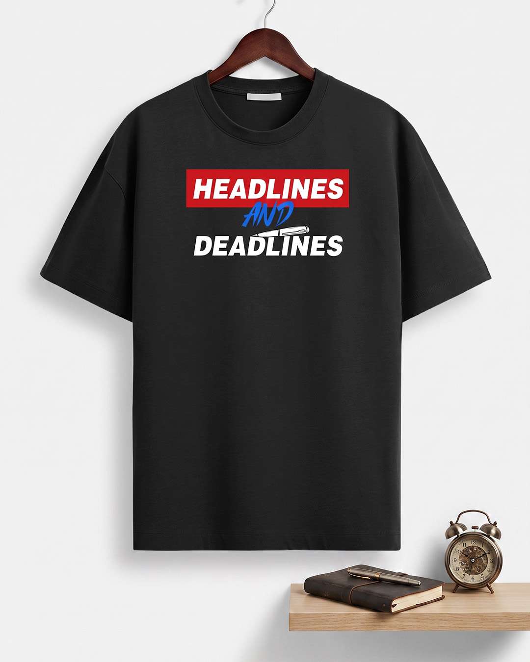 Headlines And Deadlines- Black Round Neck Journalism T-shirt