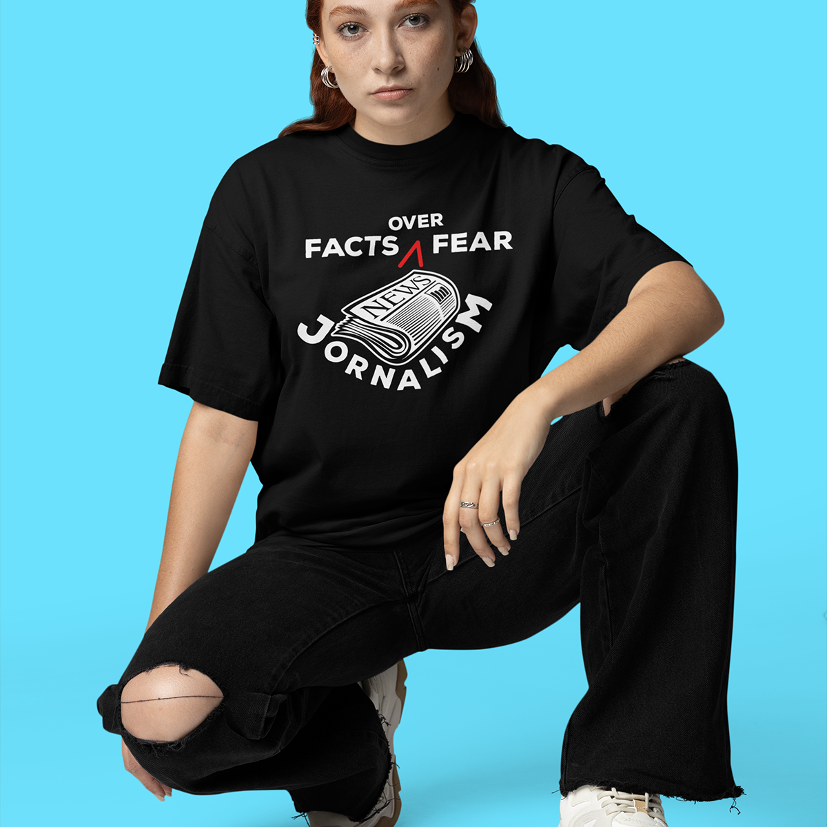 Facts Over Fear- Black Round Neck Journalism T-shirt