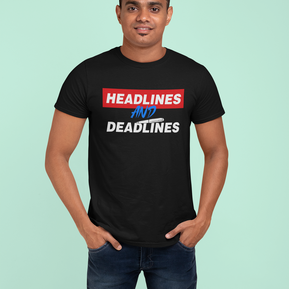 Headlines And Deadlines- Black Round Neck Journalism T-shirt