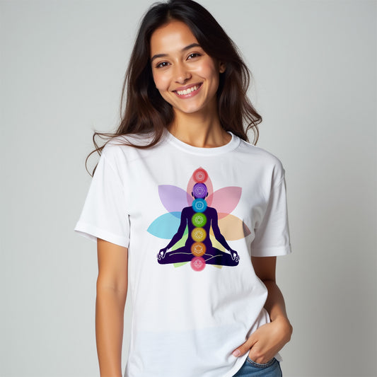 Yoga Chakras- White Round Neck Yoga T-shirt