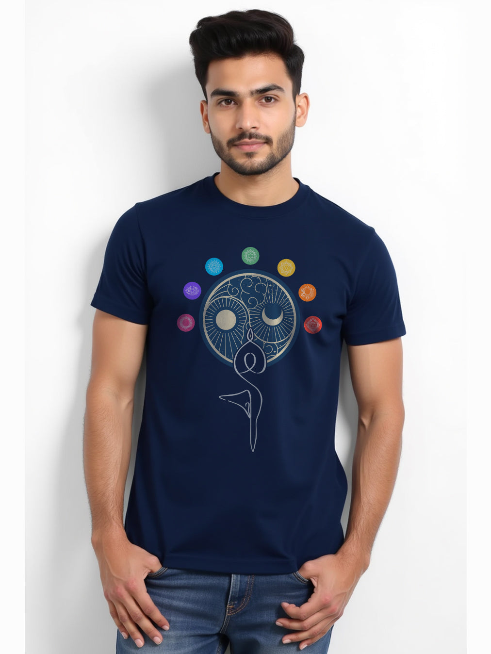 Dual Balance - Navy Blue Round Neck Yoga T-shirt