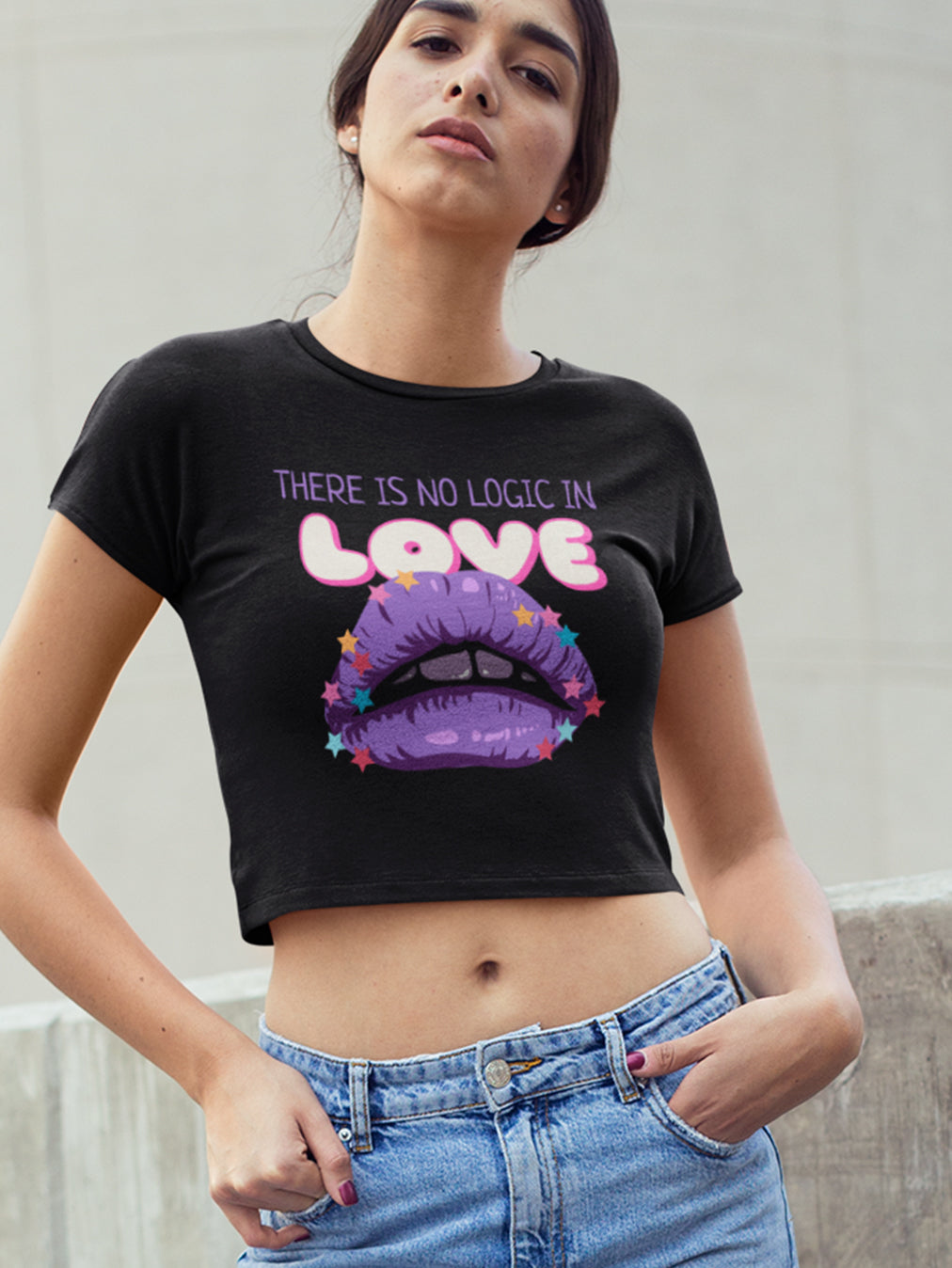 There is No Logic in Love- Black Round Neck Crop Top