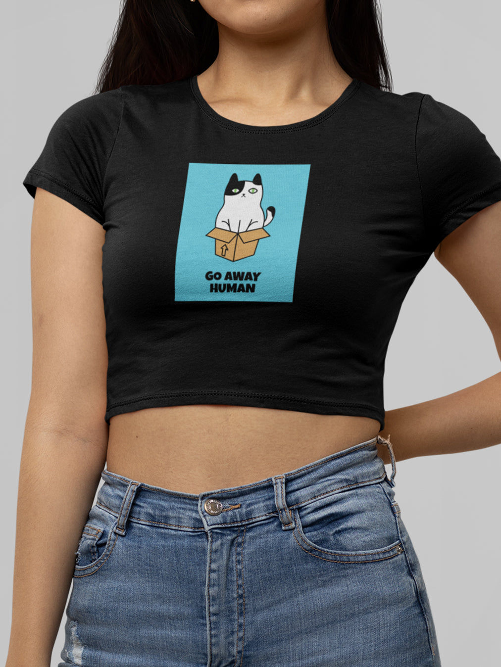 Go Away Human- Black Round Neck Crop Top