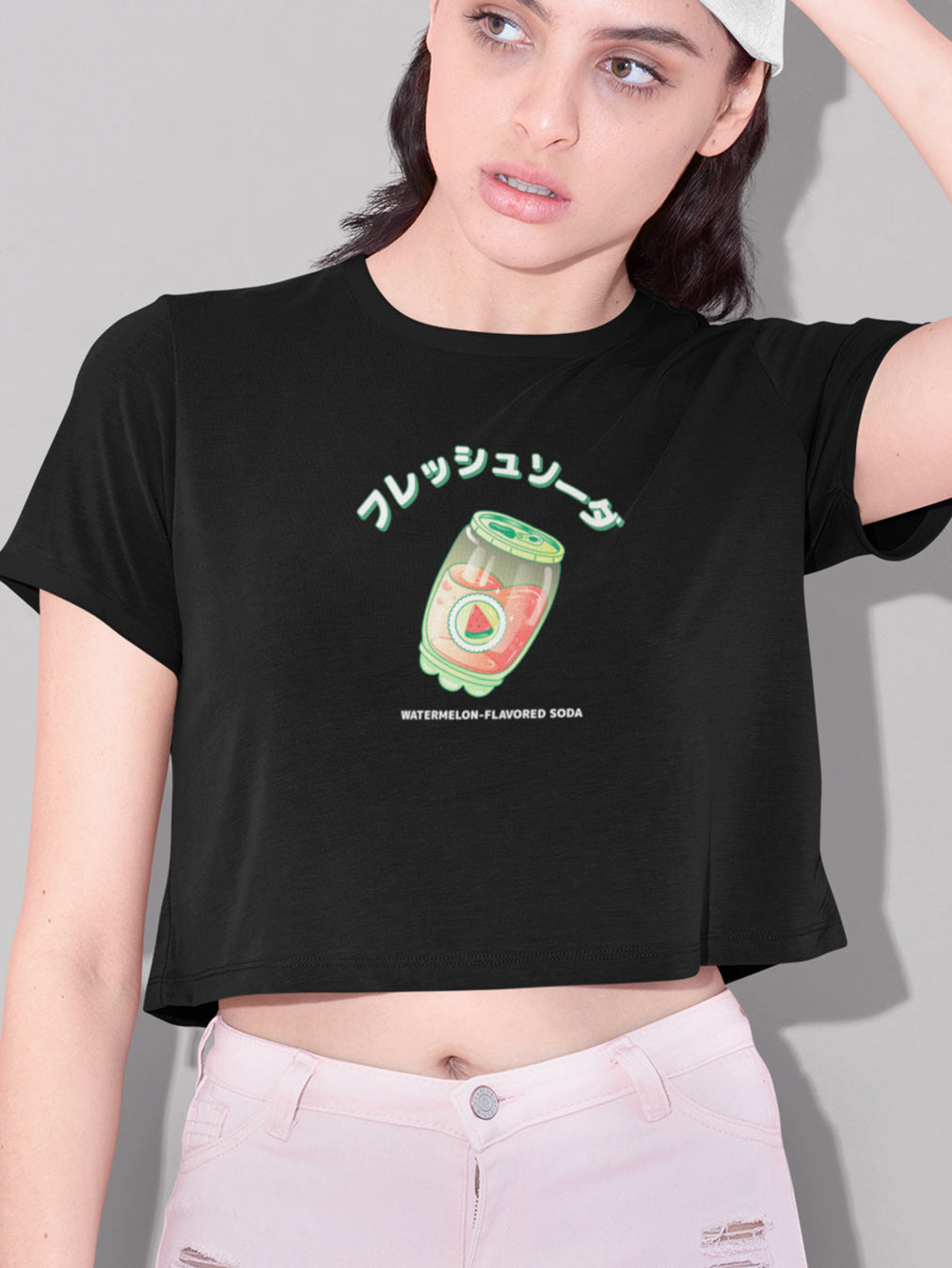 Watermelon Soda- Black Round Neck Crop Top