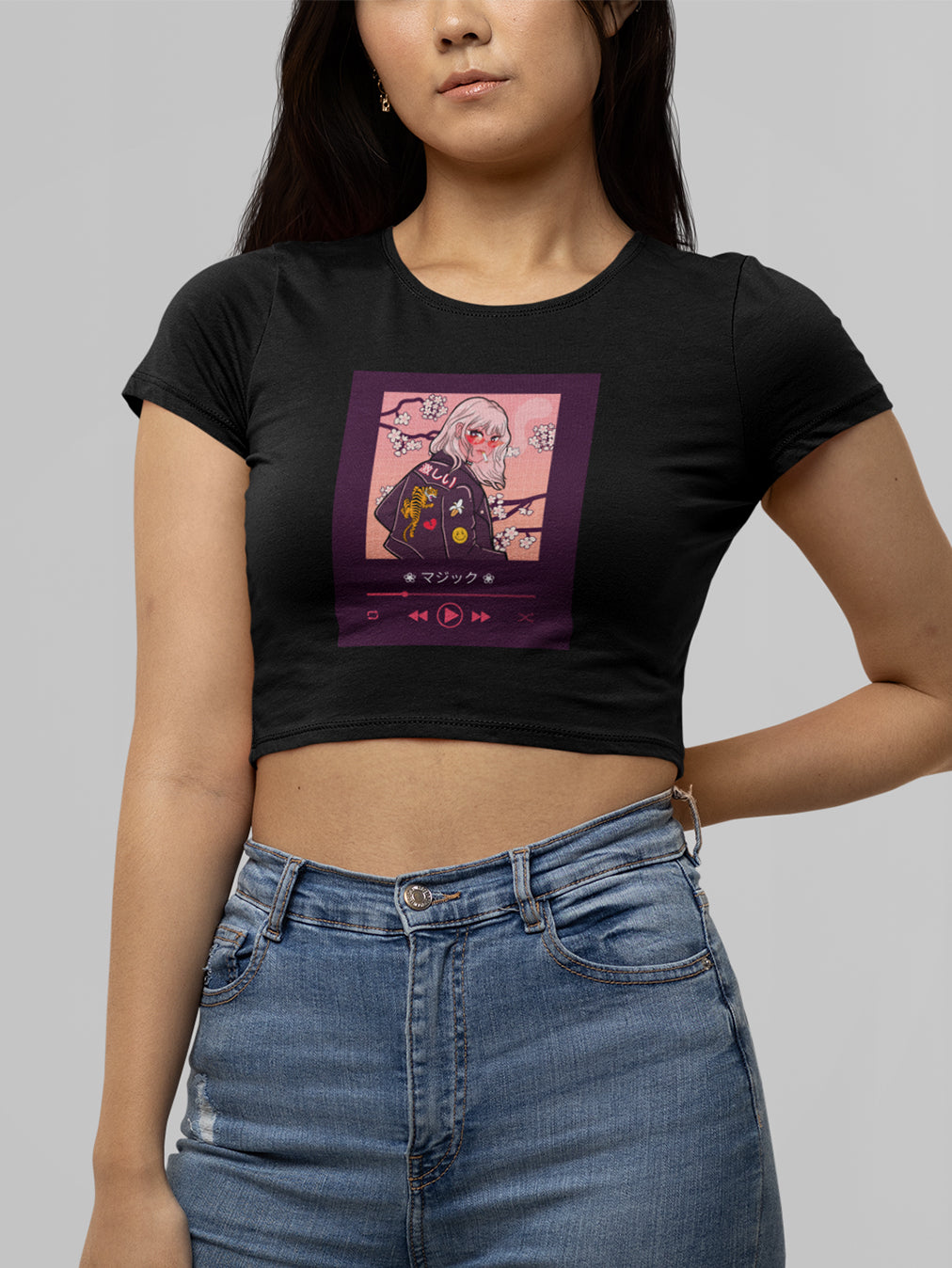 Japan Music- Black Round Neck Crop Top