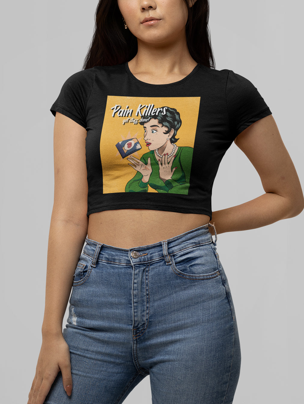 Pain Killers- Black Round Neck Crop Top