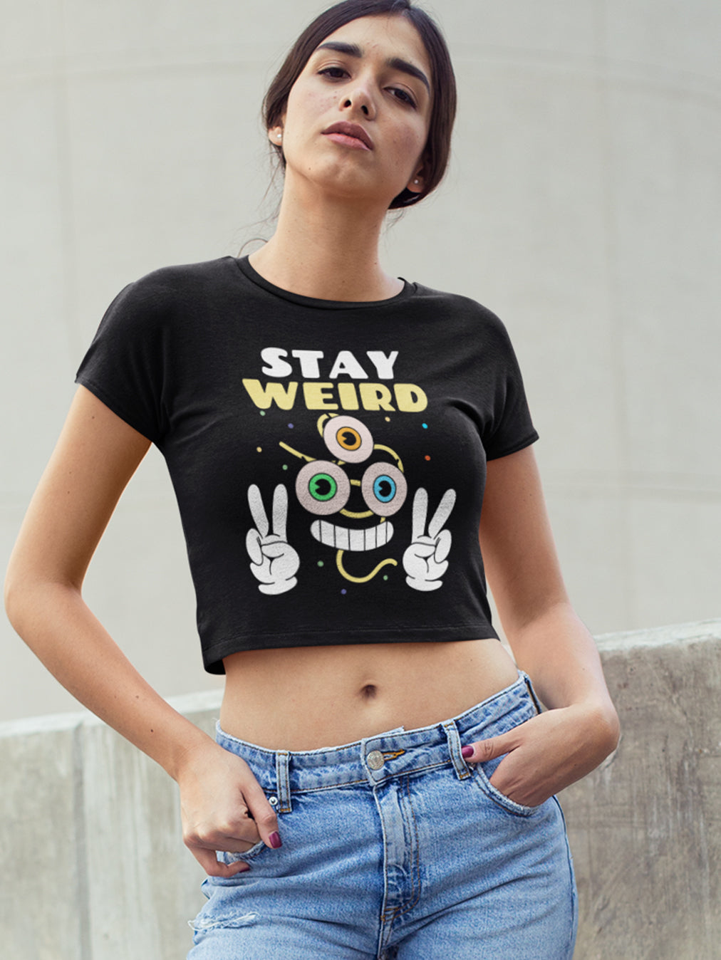 Stay Weird- Black Round Neck Crop Top
