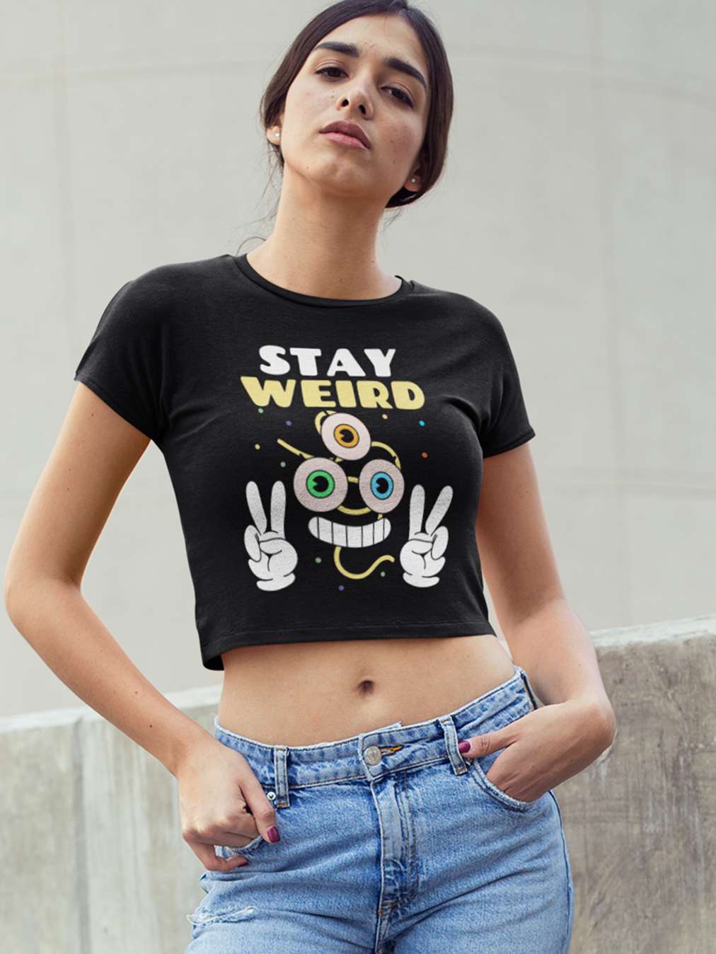 Stay Weird- Black Round Neck Crop Top