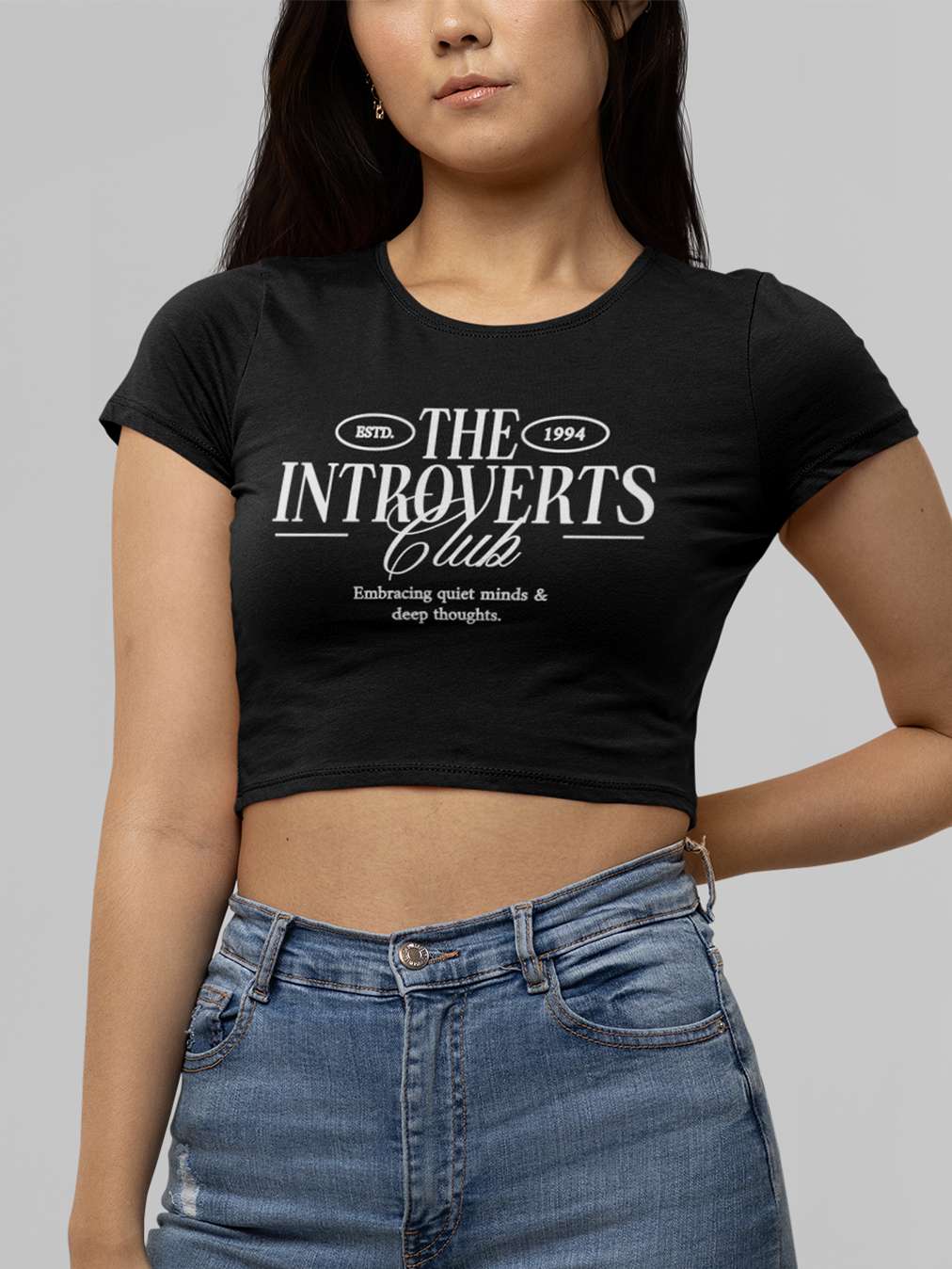 Introverts Club- Black Round Neck Crop Top