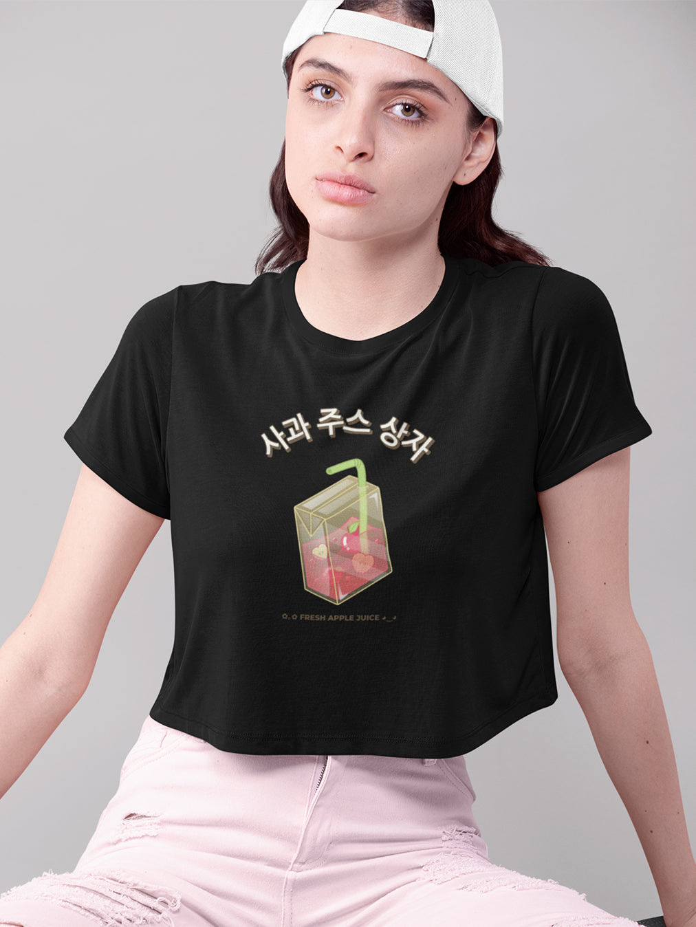Apple Juice- Black Round Neck Crop Top
