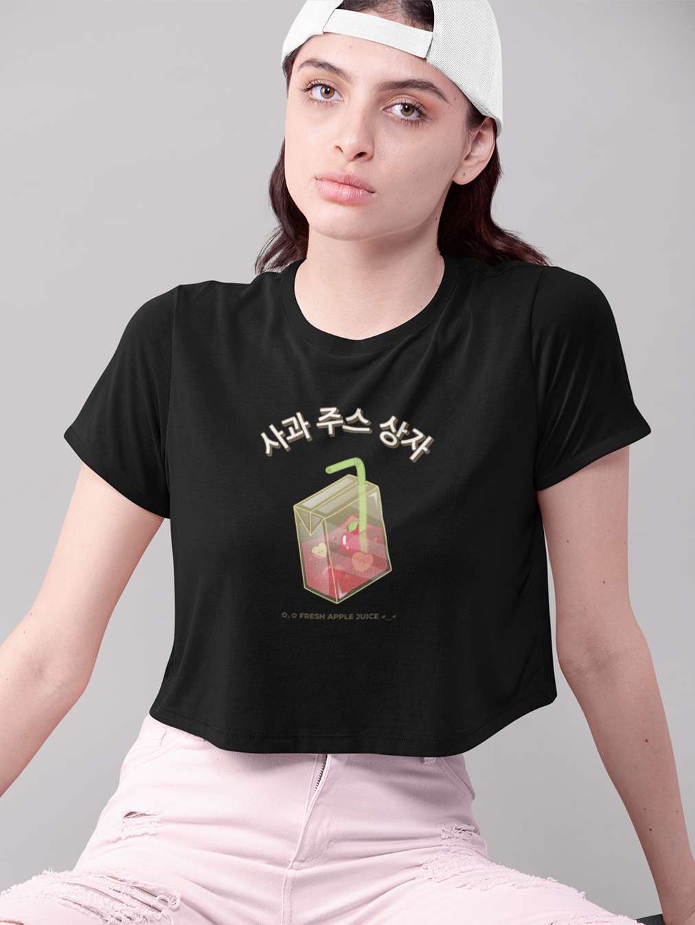 Apple Juice- Black Round Neck Crop Top