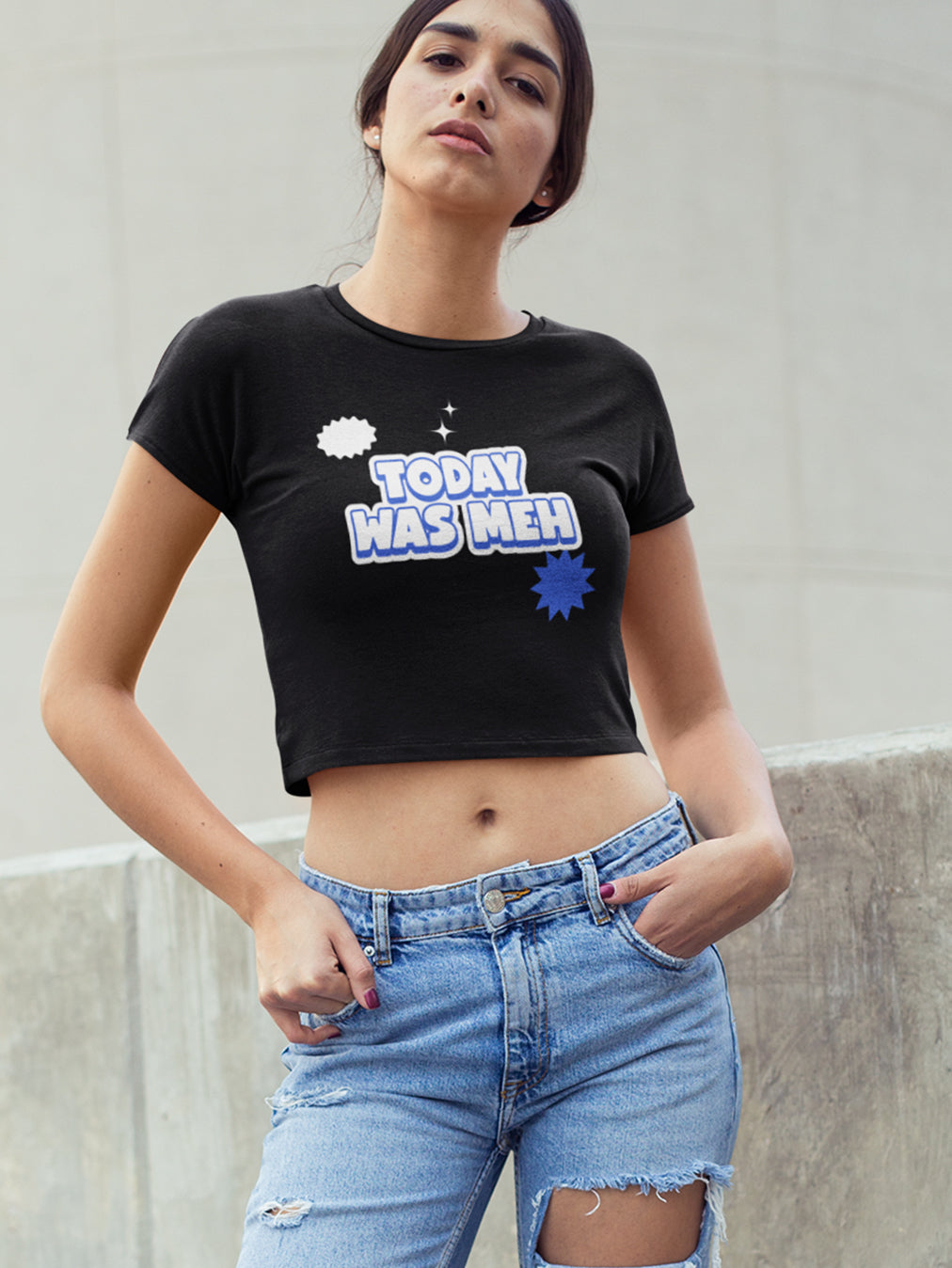 Today was Meh- Black Round Neck Crop Top