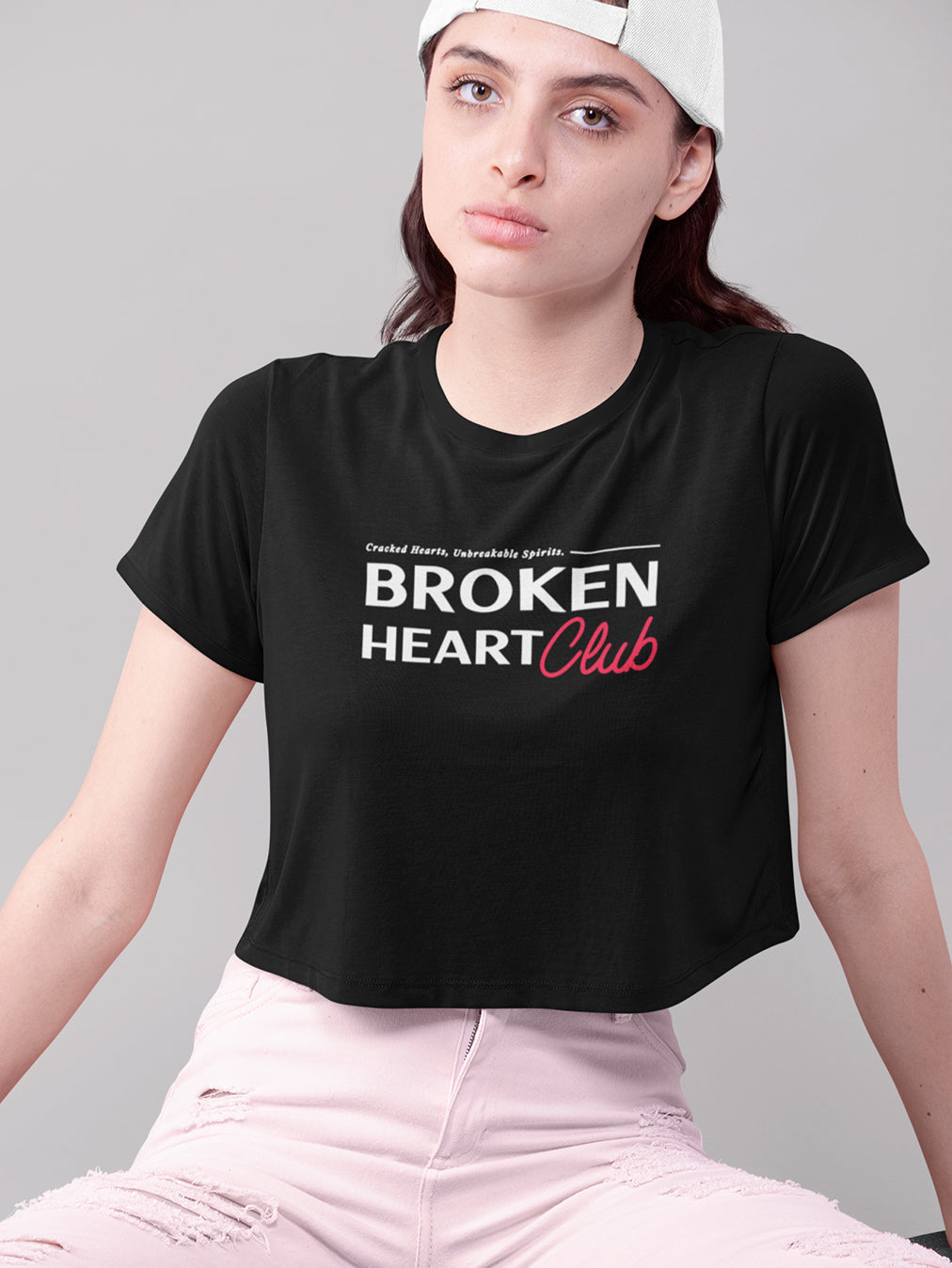 Broken Hearts Club- Black Round Neck Crop Top
