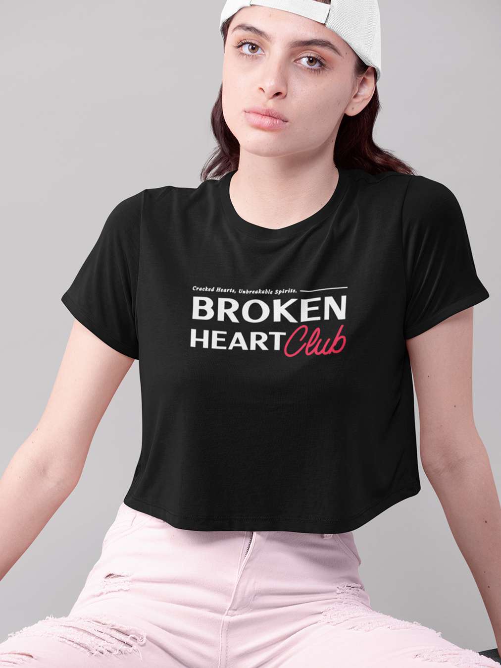 Broken Hearts Club- Black Round Neck Crop Top