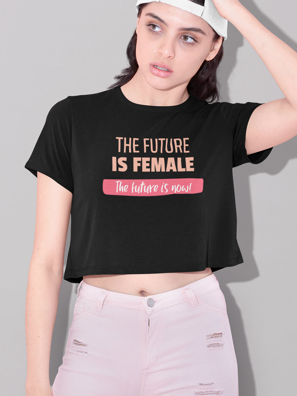 Future is Now- Black Round Neck Crop Top