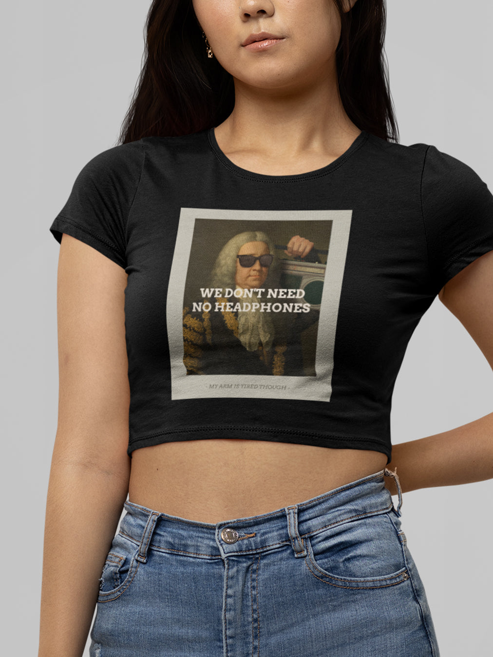 No Headphones- Black Round Neck Crop Top
