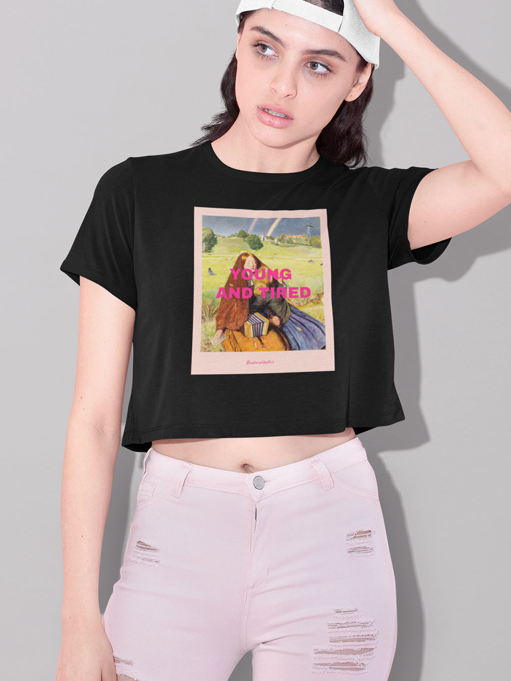 Young & Tired- Black Round Neck Crop Top