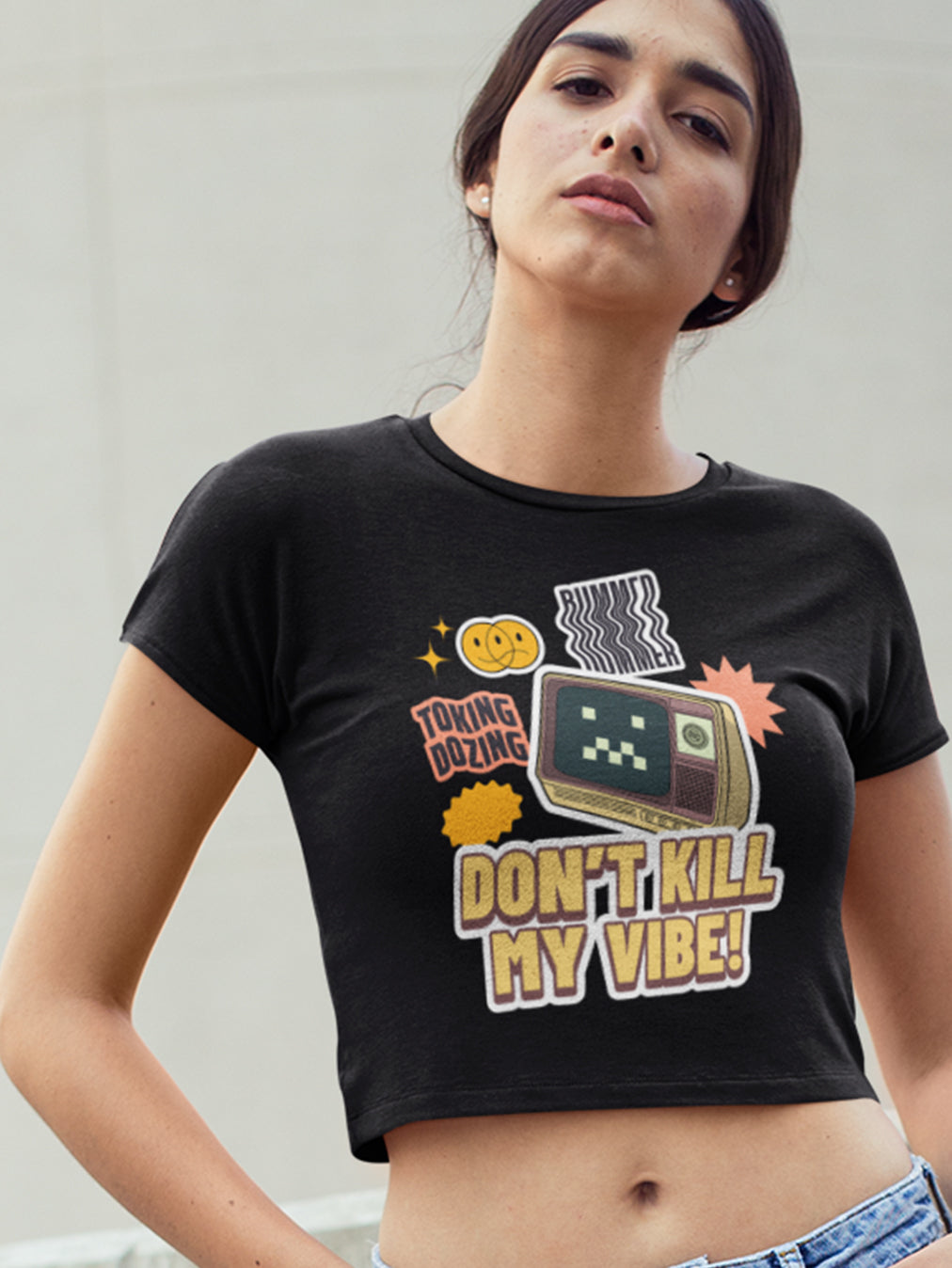 Don't Kill My Vibe- Black Round Neck Crop Top