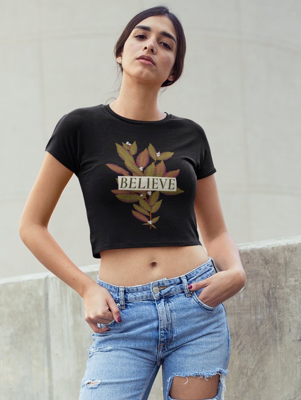 Believe- Black Round Neck Crop Top