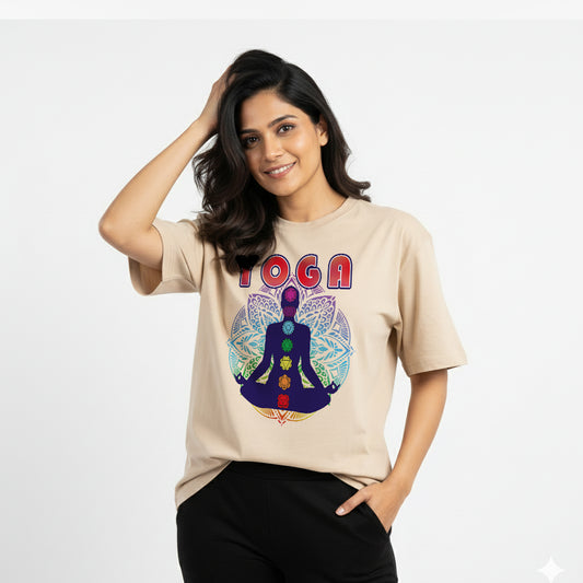Yoga Chakras Mandala- Beige Round Neck Yoga T-shirt