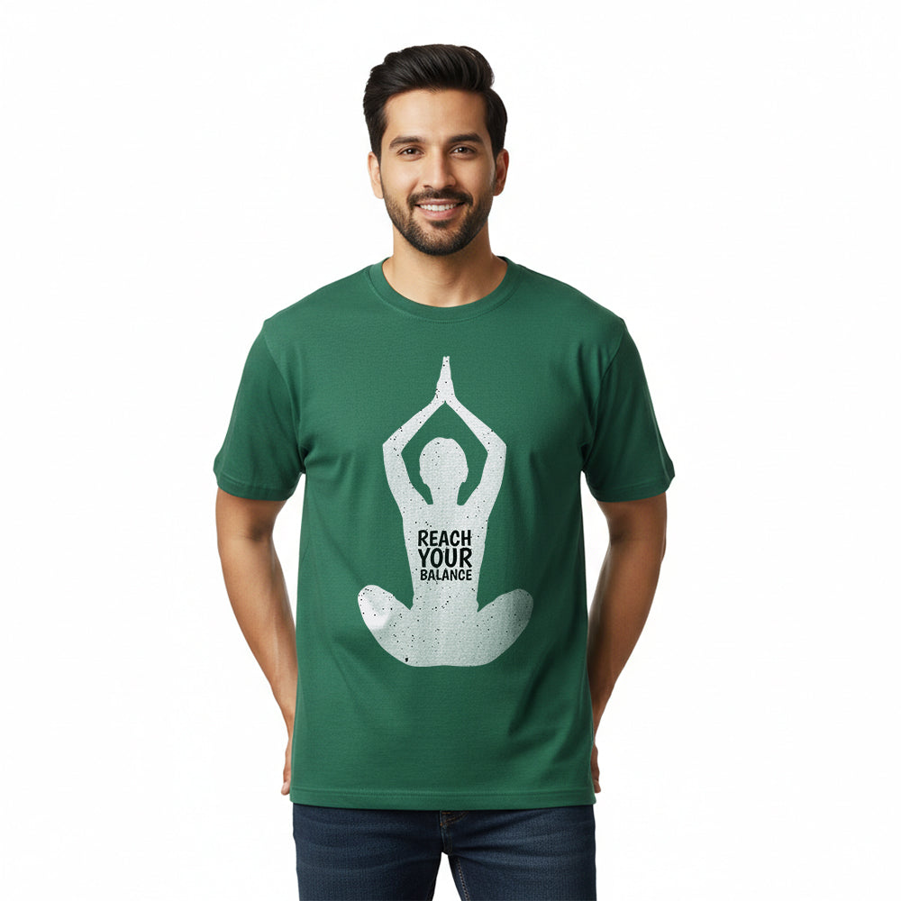 Reach Your Balance- Dark Green Round Neck Yoga T-shirt
