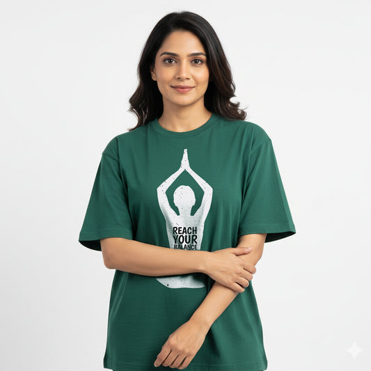 Reach Your Balance- Dark Green Round Neck Yoga T-shirt