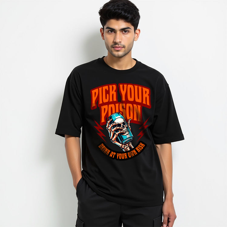 Pick Your Poison- Black Round Neck Oversized Graphic T-shirt