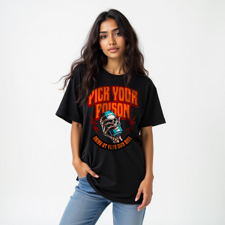 Pick Your Poison- Black Round Neck Oversized Graphic T-shirt