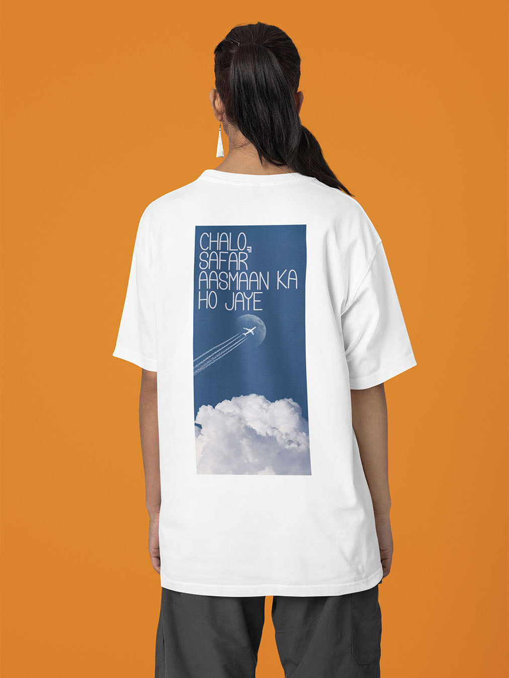 Aasmaan ka Safar- White Round Neck Oversized Flight Crew T-shirt