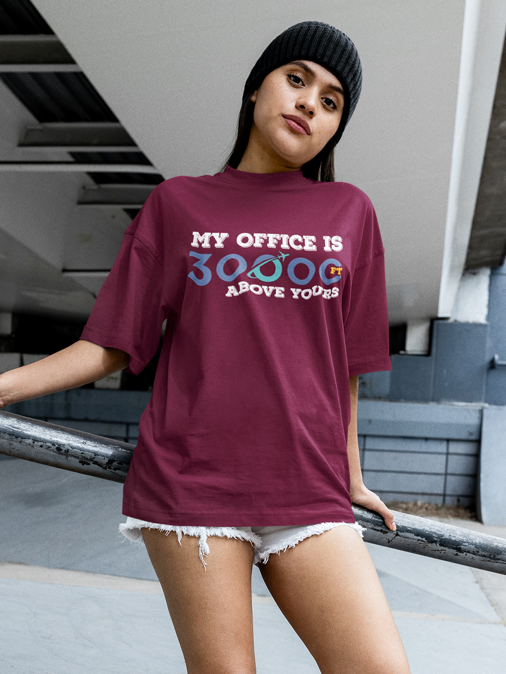 30000FT- Black Round Neck, Oversized Flight Crew T-shirt