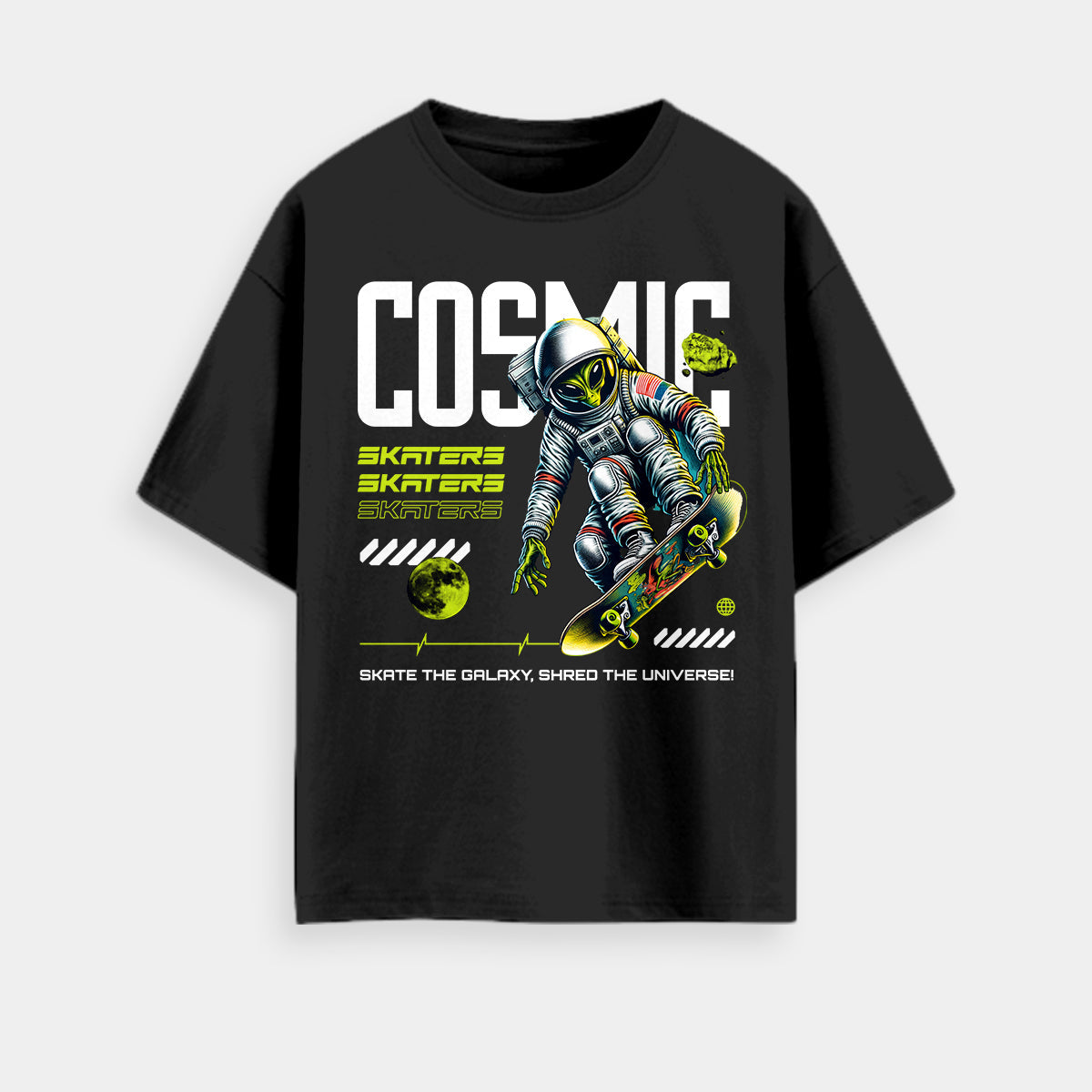 Cosmic Skater- Black Round Neck Oversized Graphic T-shirt