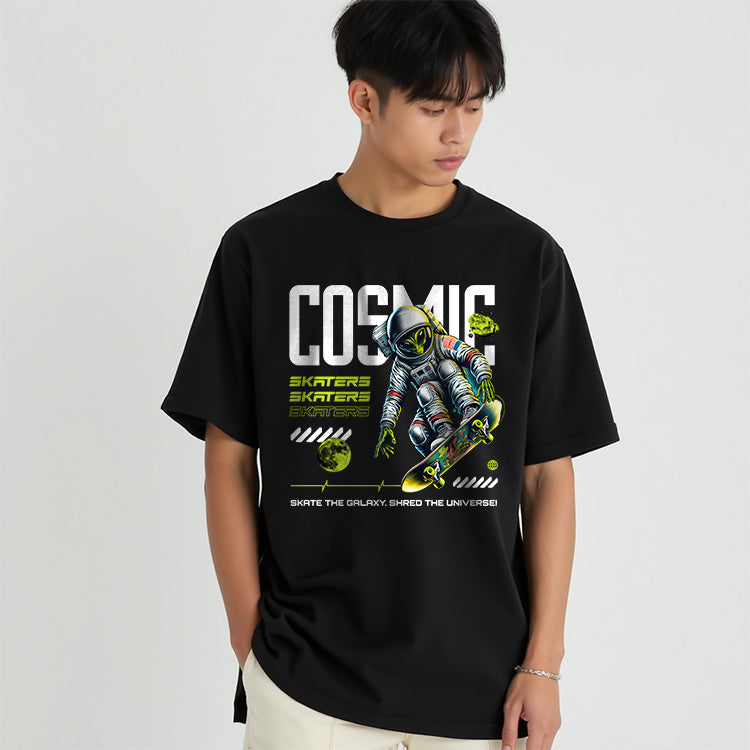 Cosmic Skater- Black Round Neck Oversized Graphic T-shirt
