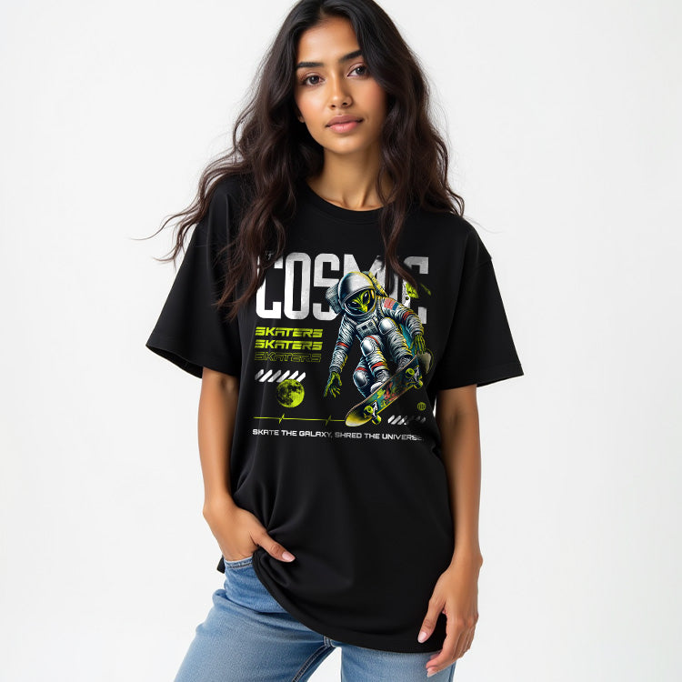 Cosmic Skater- Black Round Neck Oversized Graphic T-shirt