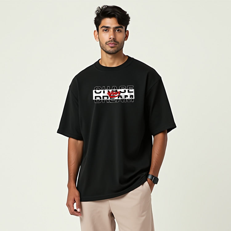 Chase Your Dream - Black Round Neck Oversized Graphic T-shirt