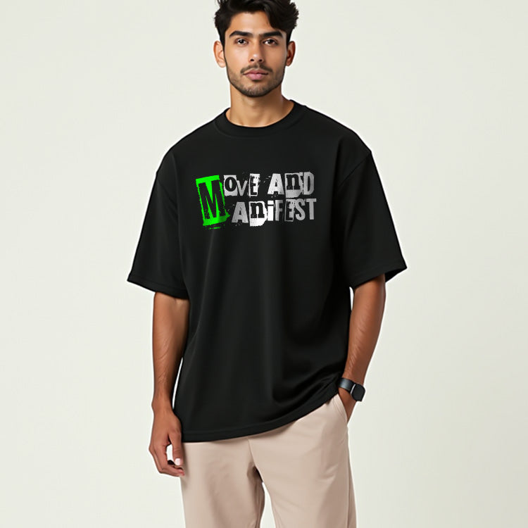 Move And Manifest- Black Round Neck Oversized Graphic T-shirt