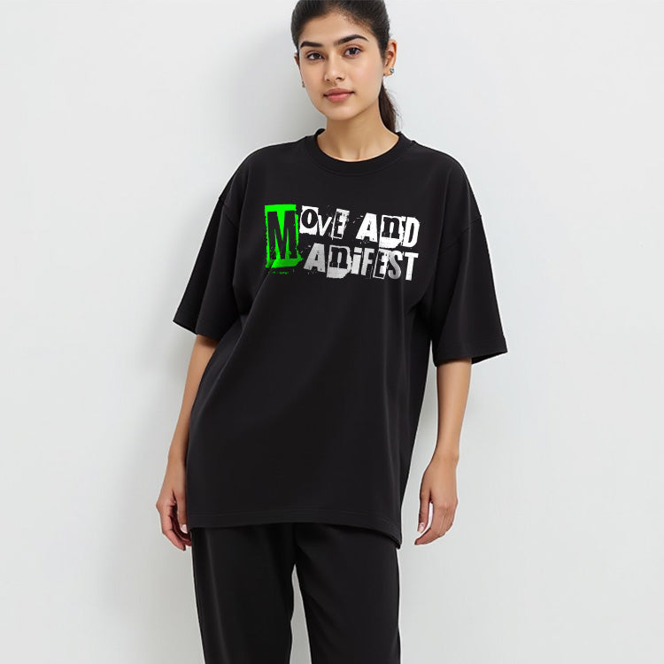 Move And Manifest- Black Round Neck Oversized Graphic T-shirt