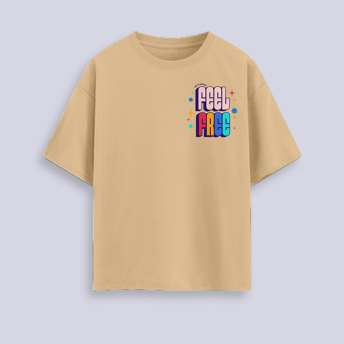 Feel Free - Beige Round Neck Oversized Graphic T-shirt