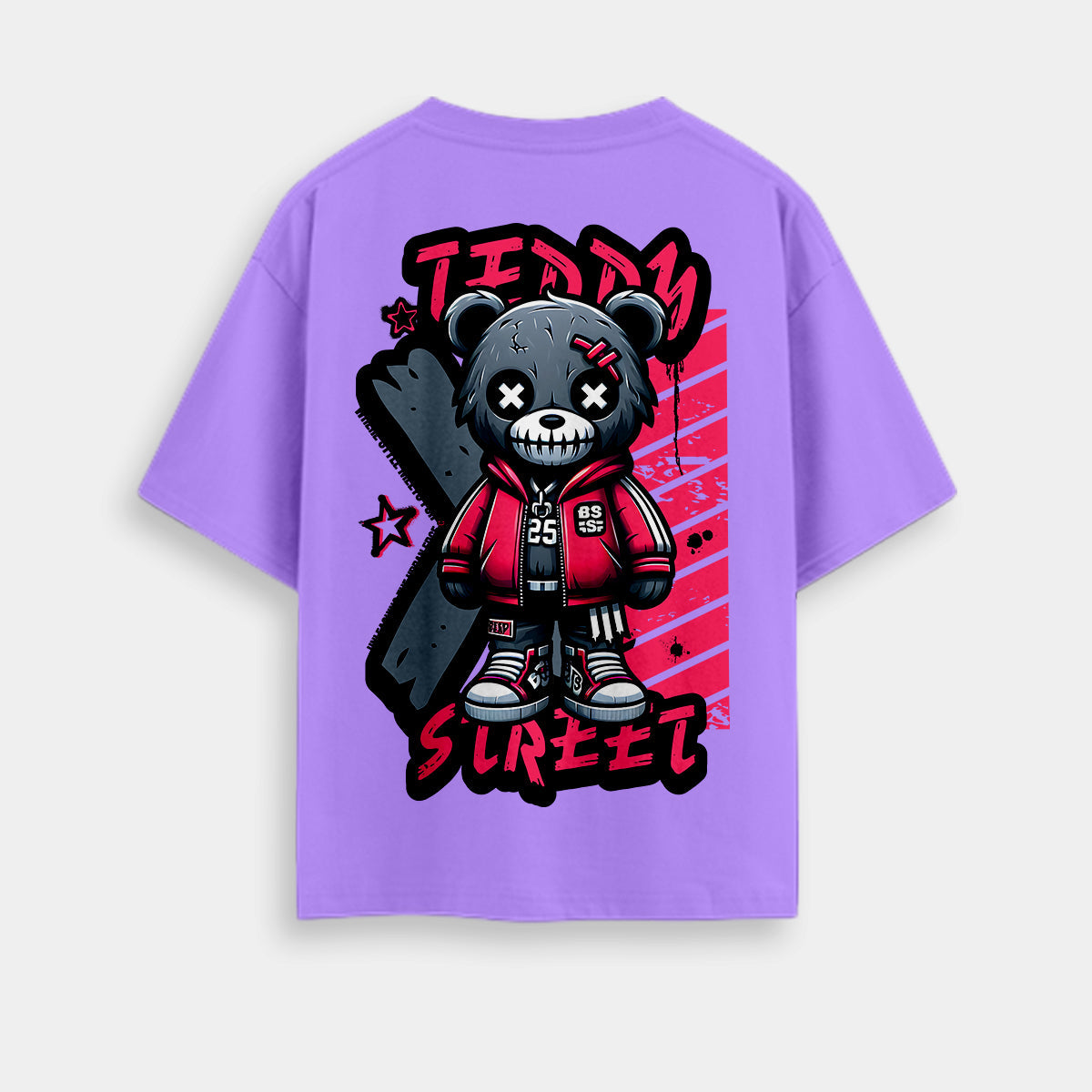 Teddy Street- Lavender Round Neck Oversized Graphic T-shirt