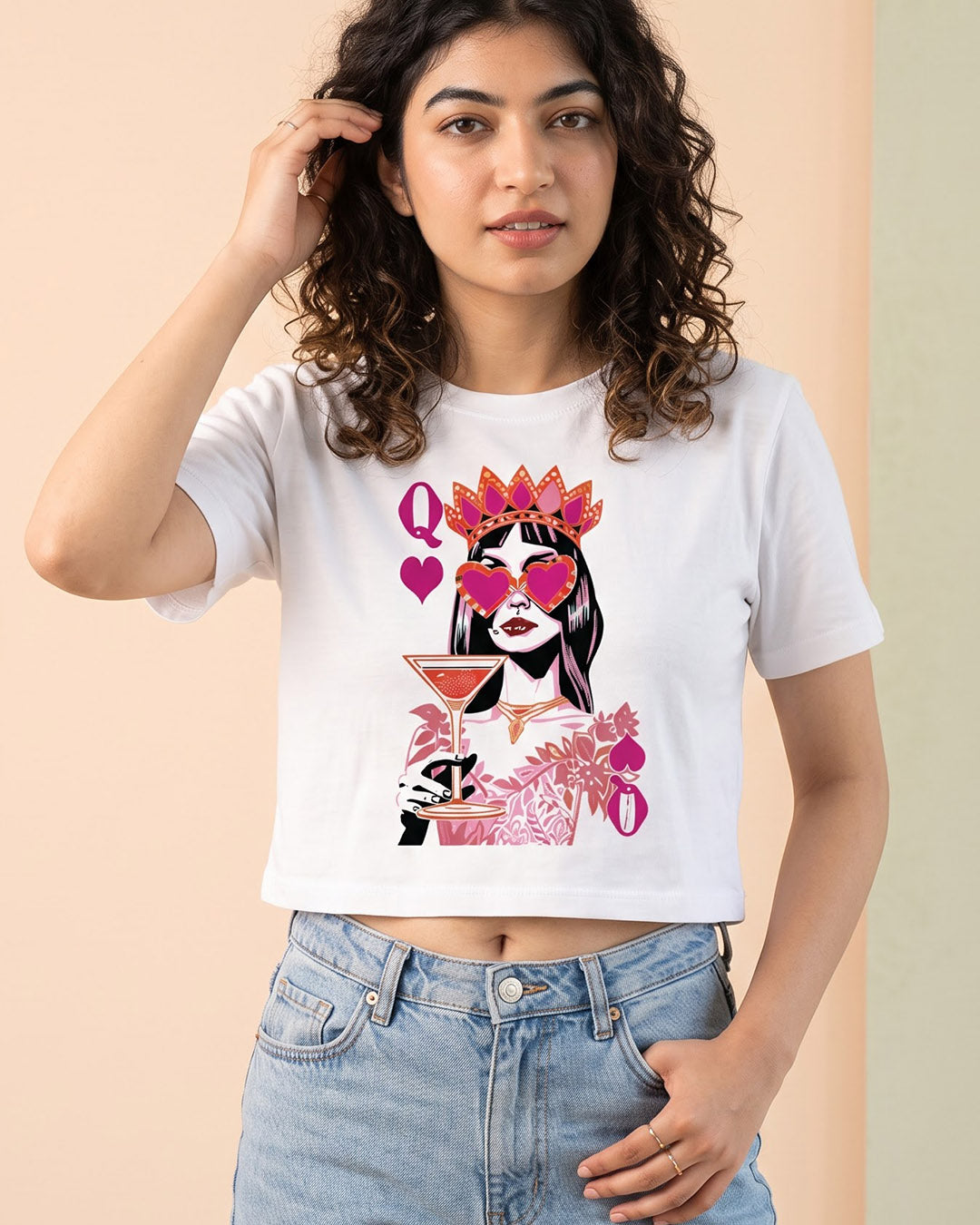 Queen Card- White Graphic Crop Top