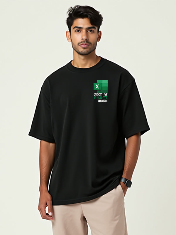 Sheet Work- Black Round Neck Oversized Corporate T-shirt